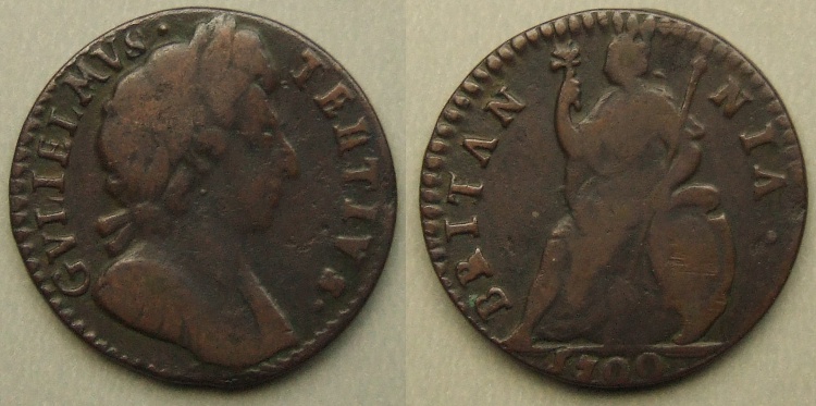 William III 1700 farthing, unbarred A's and R's over B's